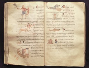 Ms 422 Fol.29 und 30星座を横切る月の道、セビリアのイシドルによる「De Natura Rerum」から 作： French School